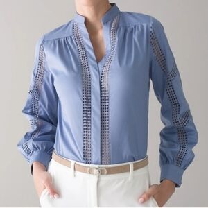 White House Black Market Embroidered Poplin Shirt, Button Down, Denim Blue, L